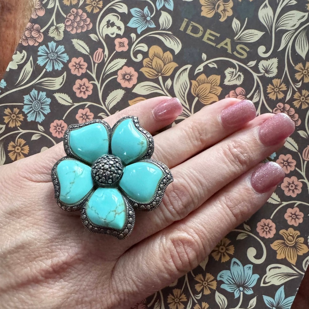 VNT Sterling Silver Turquoise Flower Statement Ring Size 6 Thailand